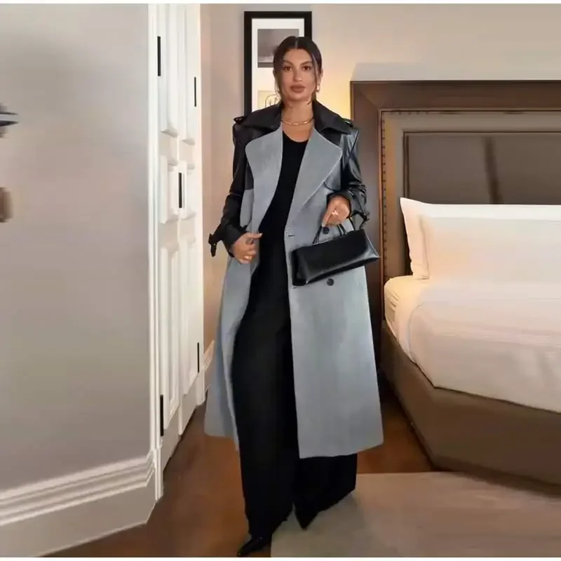 Lange Wollmäntel mit Paneelen und Gürtel, Damen, Streetstyle, Revers, lange Ärmel, Knopfleiste, lockere Jacken, Herbst, schick, neue warme Oberbekleidung – Detail 16