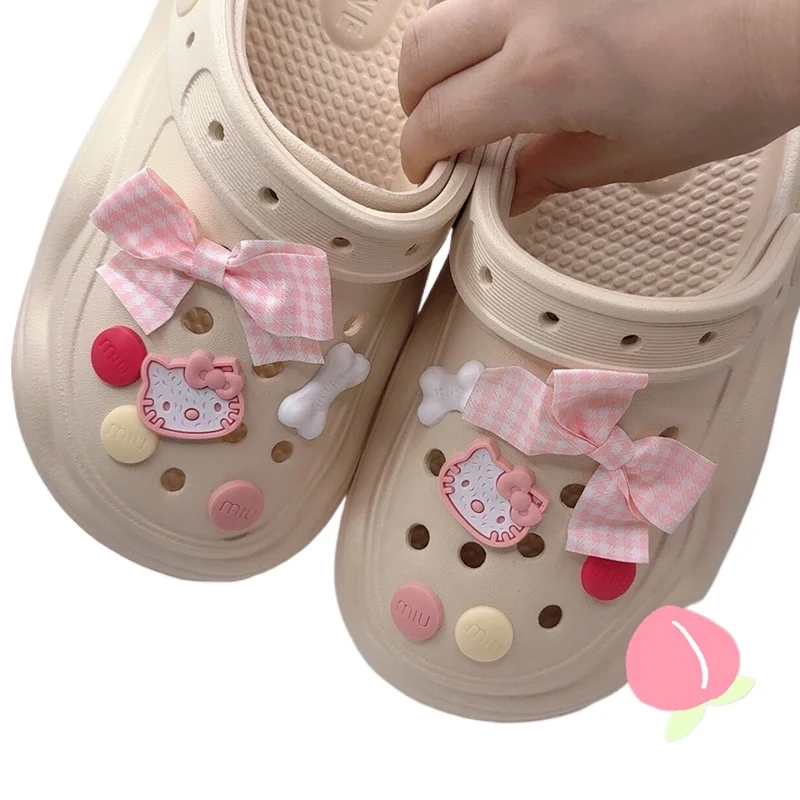 DIY Cute Cartoon Cat Pink Bow Shoe Charms Clogs Slides Sandals Garden Shoes Decorations Charm Set Accessories Kid Gift