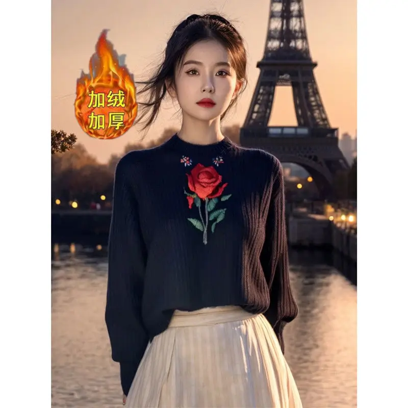 

European Goods Heavy Industry Black Rose Embroidery Retro Sweater Women's Autumn Winter New Base Chinese Style Knitted Sweaters