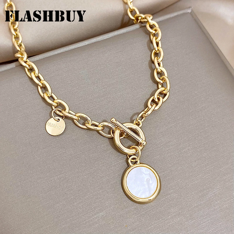 Flashbuy Trendy Black White Round Pendant Necklace for Women Girls Statement Gold Silver Color Chain Necklace Fashion Jewelry