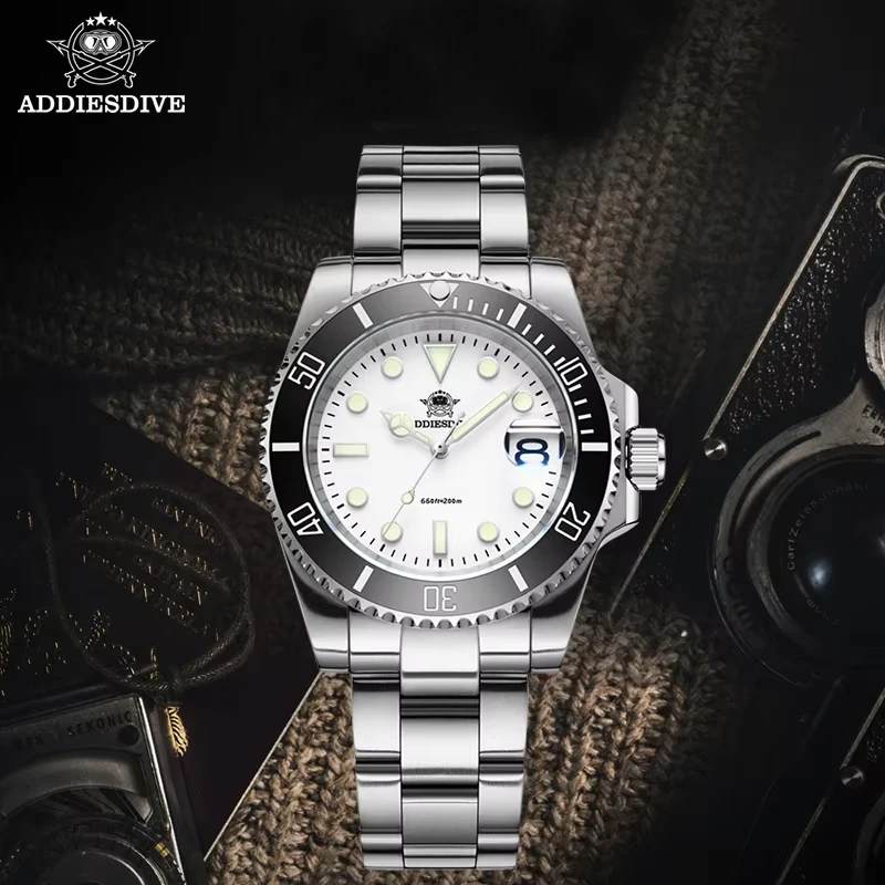 

ADDIESDIVE New Luxury Analog Quartz Watch Stainless Steel 20Bar Dive Sports Men Watches Blue luminous reloj hombre Wristwatches