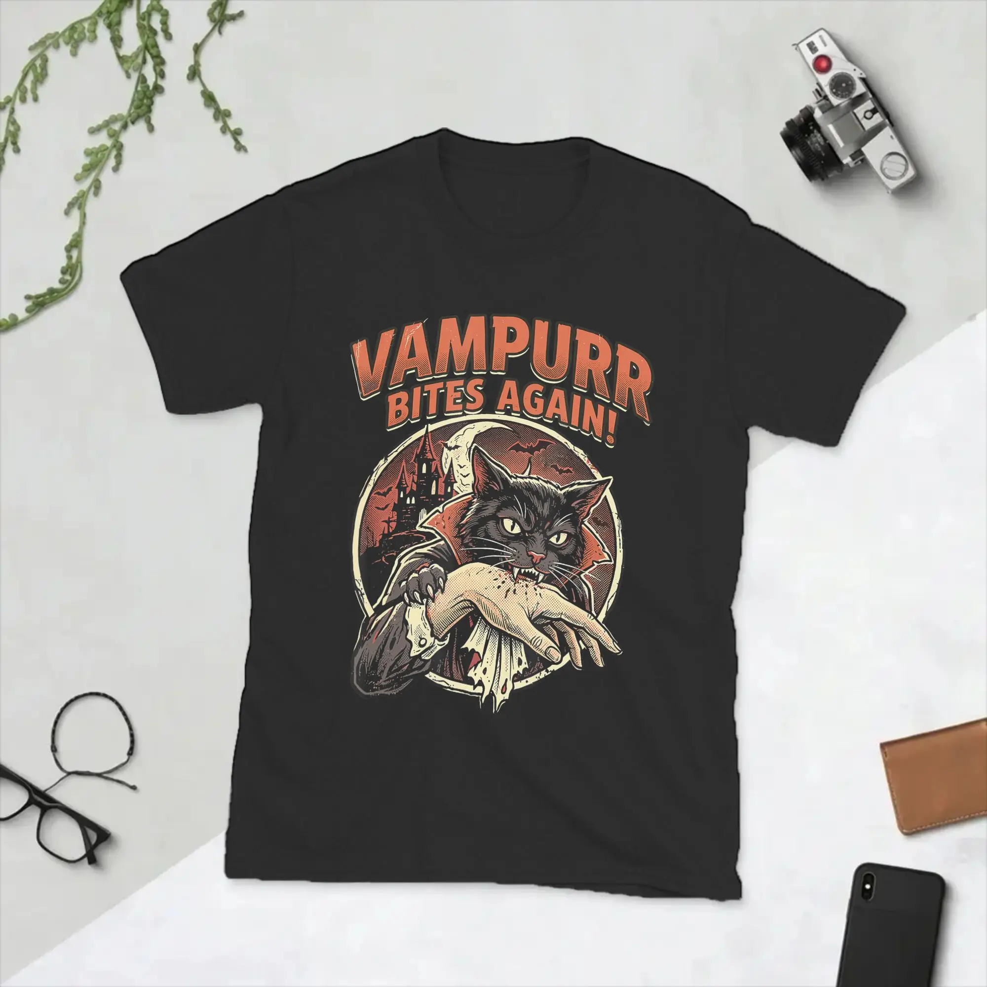 Vampurr Bites Again Halloween Vampire Cat T Shirt Men's  Cotton Leisure T-Shirts O Neck  Tees Short Sleeve Clothes 4XL 5XL