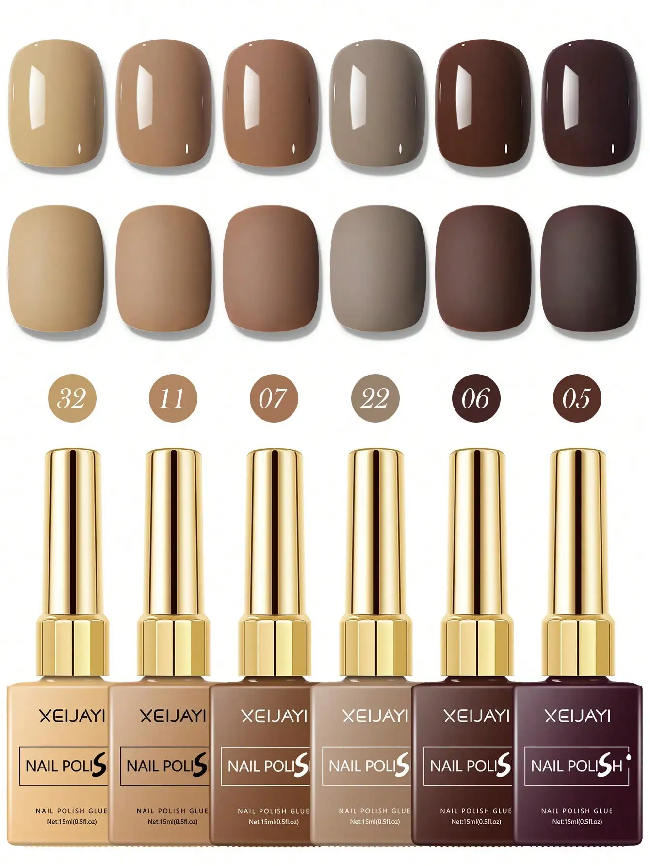 

XEIJAYI 6pcs Neutral Brown Gel Nail Polish Set, Long Lasting Nude & Dark Shades for Ombre French Manicure
