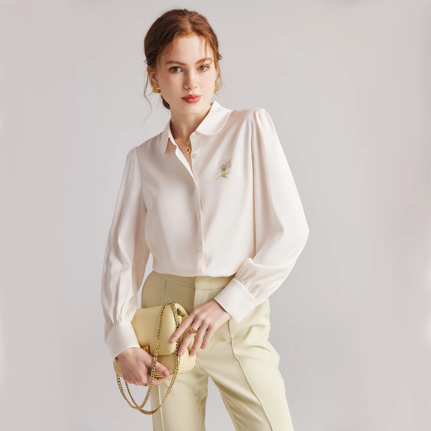 Long Sleeve Embroidery Ladies Fashion Silk Blouse Shirt French Solid Color Female Blouses 19MM Mulberry Silk Shirt Chic Tops