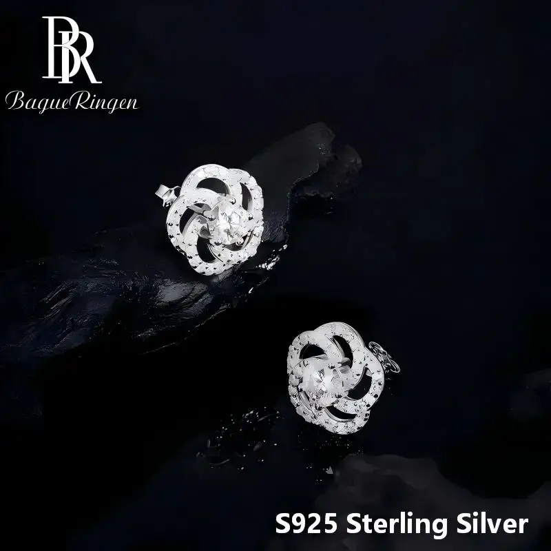 Rose Moissanite Earrings S925 Sterling Silver Flower Design Inlaid Stud Drop Earring Wedding Jewelry Gift for Women