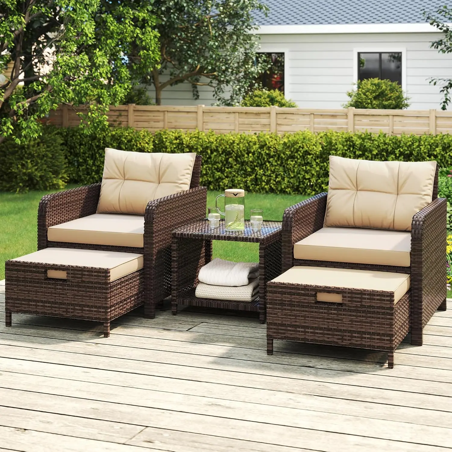 

Комплект садовой мебели из 5 предметов: набор для отдыха на террасе из искусственного ротанга с мягкими подушками и кофейными столиками, на заказ