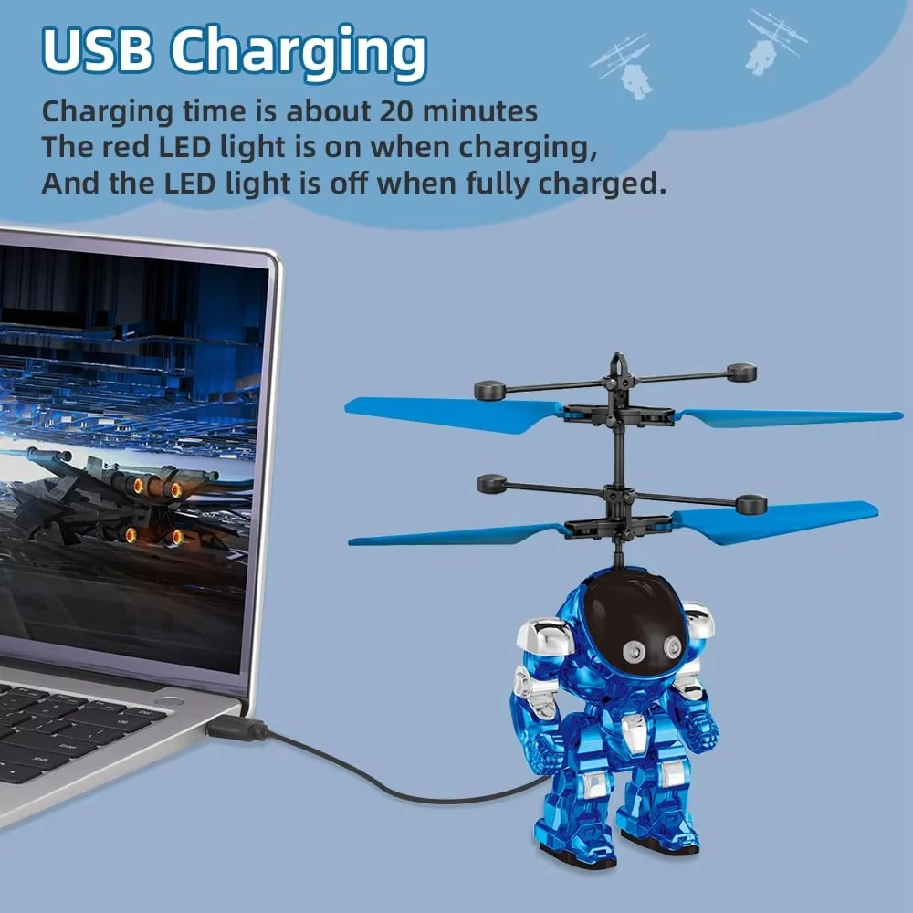 Suspended mini mecha warrior drone gesture sensing remote control flying robot toy, with LED lights, children's birthday gift