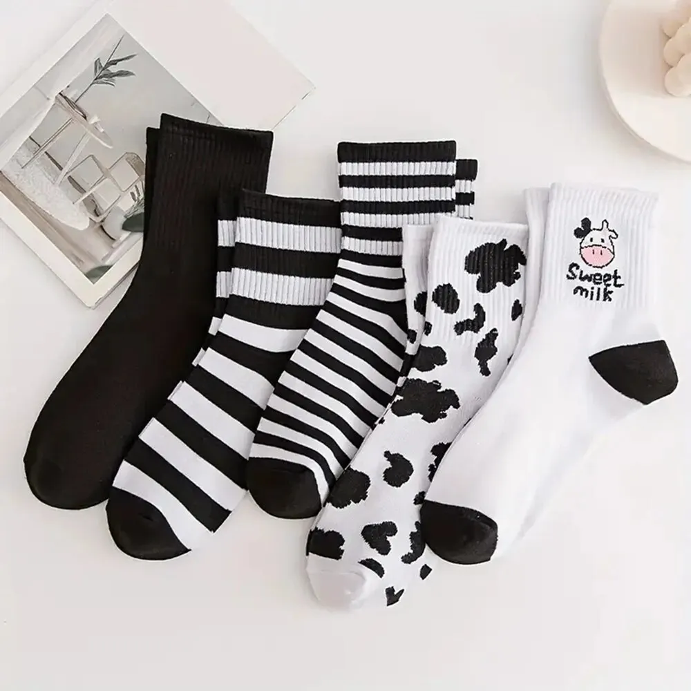 5 Pairs Cartoon Printed Women's Short Socks Cute Black White Ankle Socks Spring Autumn Fashionable Sweet Girls' Mid Length Socks