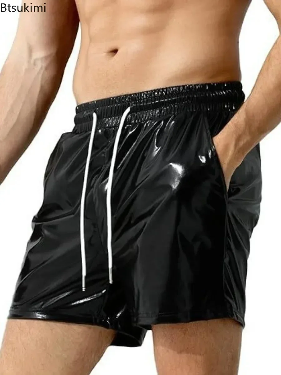 

2025 мужские летние кожаные сексуальные шорты с блестками металлик на шнурке, короткие брюки с карманами, однотонная вечерняя одежда, короткая одежда