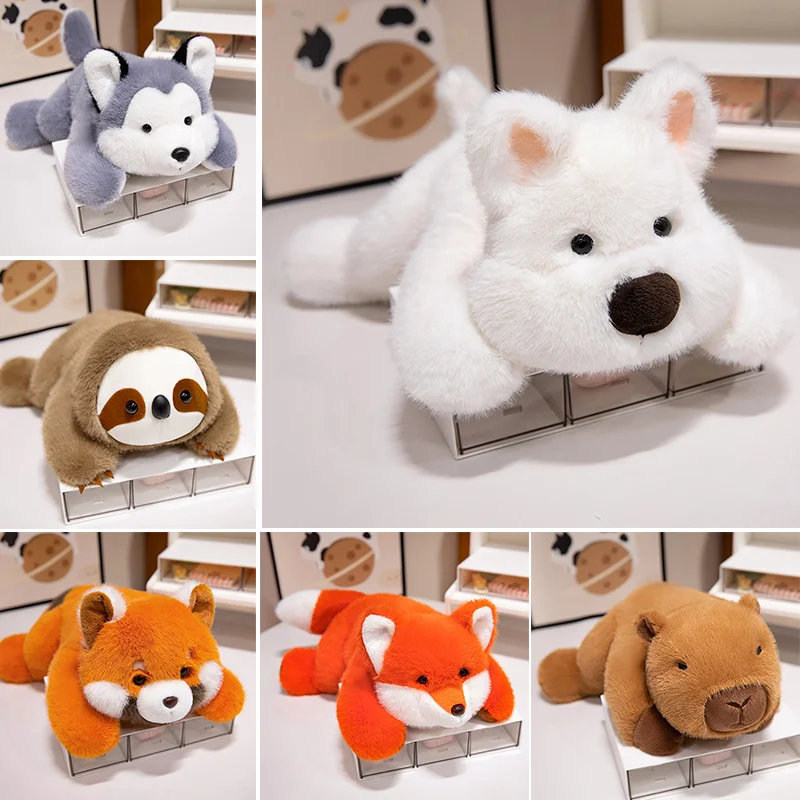 High Quality Cute Fluffy Lying White Terrier Dog Plush Toys Stuffed Wild Animals Soft Cuddle Raccoon Capybara Sloth Plushie Gift