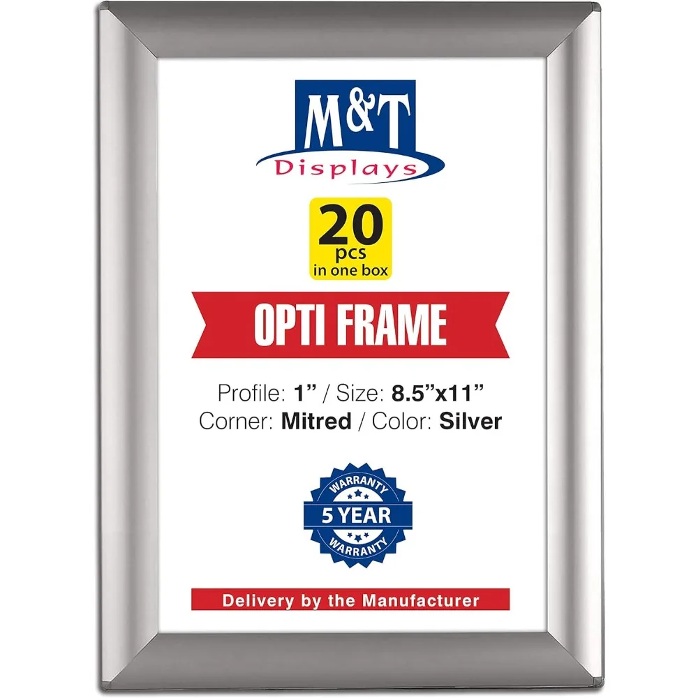

Дисплеи M&T Рамка для фотографий 8,5 x 11, Рамка для диплома с фронтальной загрузкой, серебряный цвет, размер профиля 1 дюйм, 20 упаковок