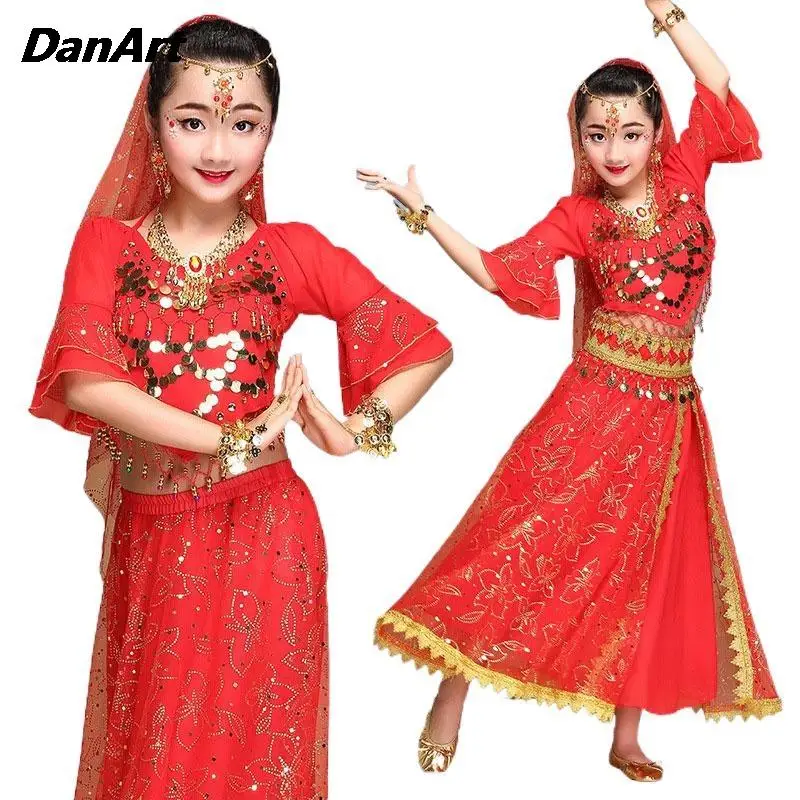 

Kid Belly Dance Costumes Set Chiffon Girl Indian Dance Stage Performance Clothing Sequin Skirt Children Indian Dance Sari