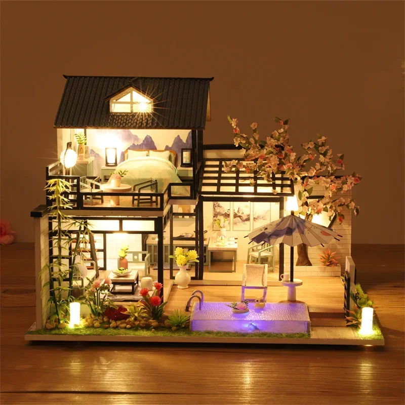 

Chinese Ancient Casa Miniature DIY Wooden Doll Houses Building Kits with Furniture Led Swimming Pool Dollhouse for Adults Gifts