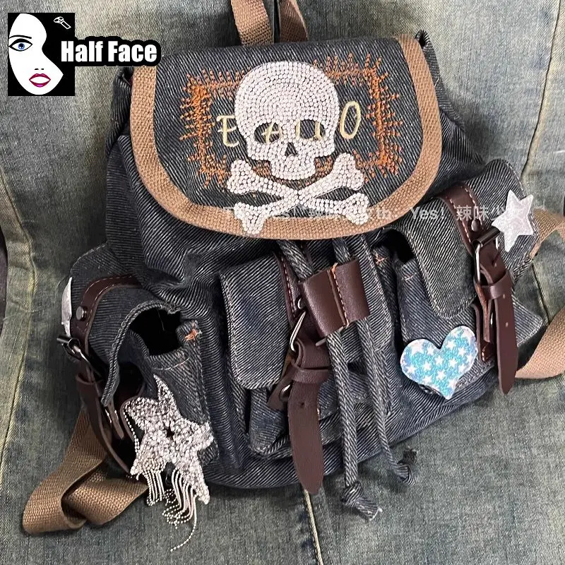 

Y2K Spicy Girls Harajuku Women's Gothic American Drawstring Denim Lolita Punk Flash Diamond Skeleton Two Shoulder Bags Tote