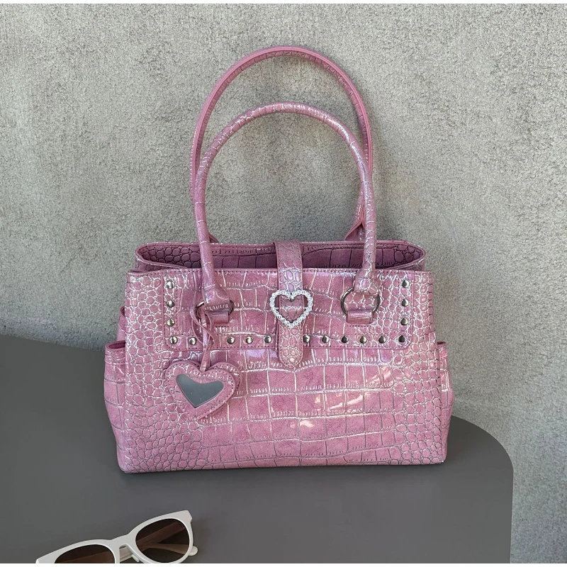 Umhängetasche mit Krokodilmuster und Prägung, Damenhandtasche mit großem Fassungsvermögen, Designer-Aktentasche, Y2k-Mädchen-Pendlermode-Handtasche, Rosa – Detail 9