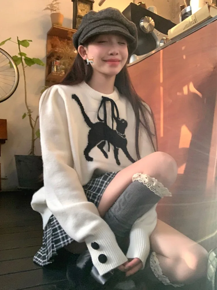 Deeptown Kawaii Cat graficzny sweter damski koreański sweter ze słodką kokardą Kpop casualowy Sueter Mujer bluzki z długim rękawem