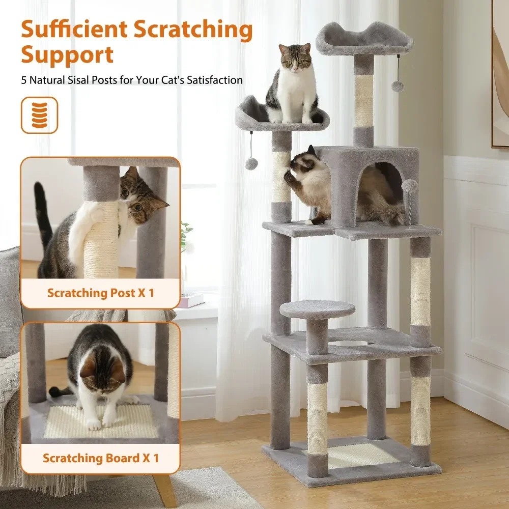 63'' Multi-Level Cat Tree Cat Tower Cats with Sisal-Covered Scratching Post Cozy Cat CondoCat Hammock and Wide Top Perch