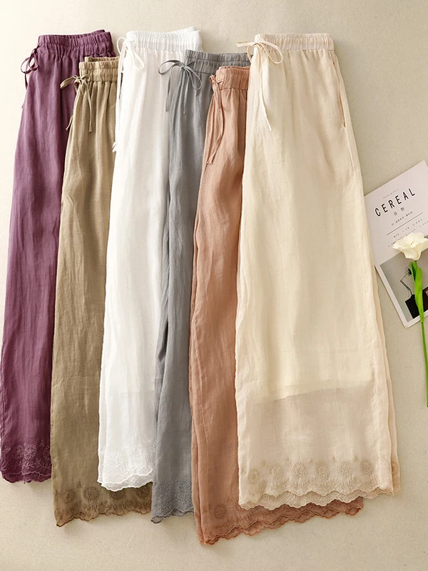 

Тяжелые льняные повседневные брюки в стиле ретро с вышивкой, широкие тонкие летние прямые женские брюки больших размеров, удобная посадка