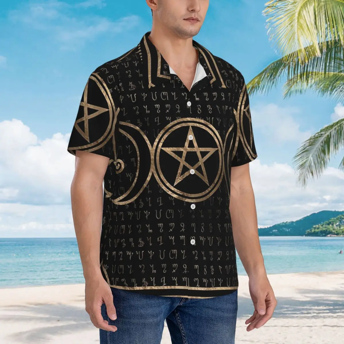 

Triple Moon With Triskelion Pentagram Pagan Wiccan Hawaiian Shirts Fashion Men Short Sleeve Shirt Summer Beach Men's Lapel Tops