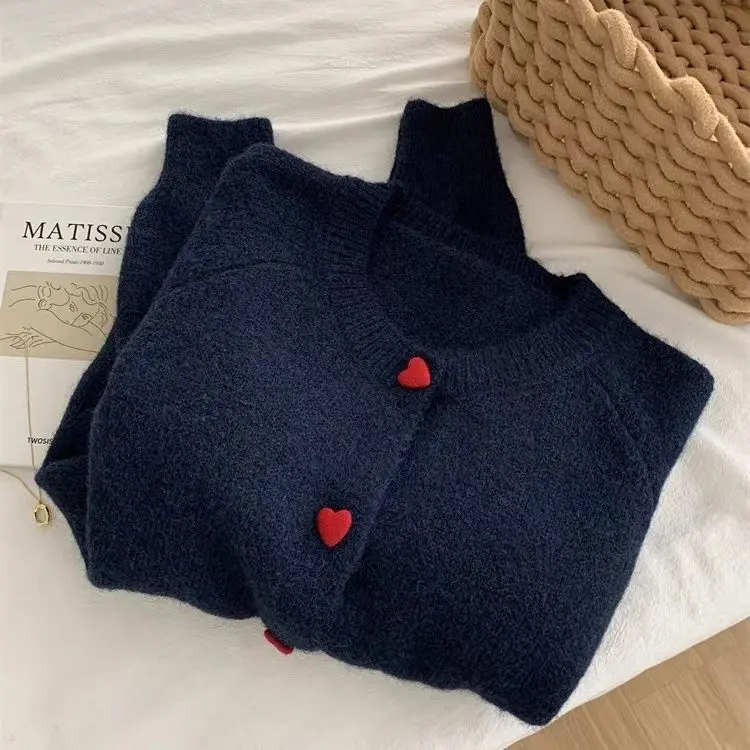 Tiefgraue Wollstrickjacke für Damen, 2025, Herbst und Winter, weich und klebrig, warm, Liebesschnalle, Schulterärmel