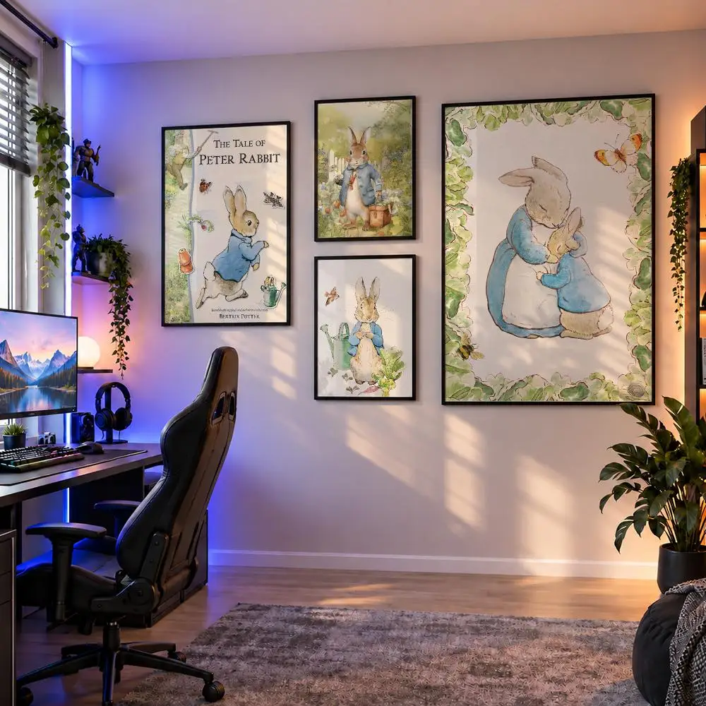 Cartoon Peter Rabbit Benjamin Bunny Poster Wall Art PP Waterproof HD Self Adhesive Modern Home Decor Living Room Apartment Gift