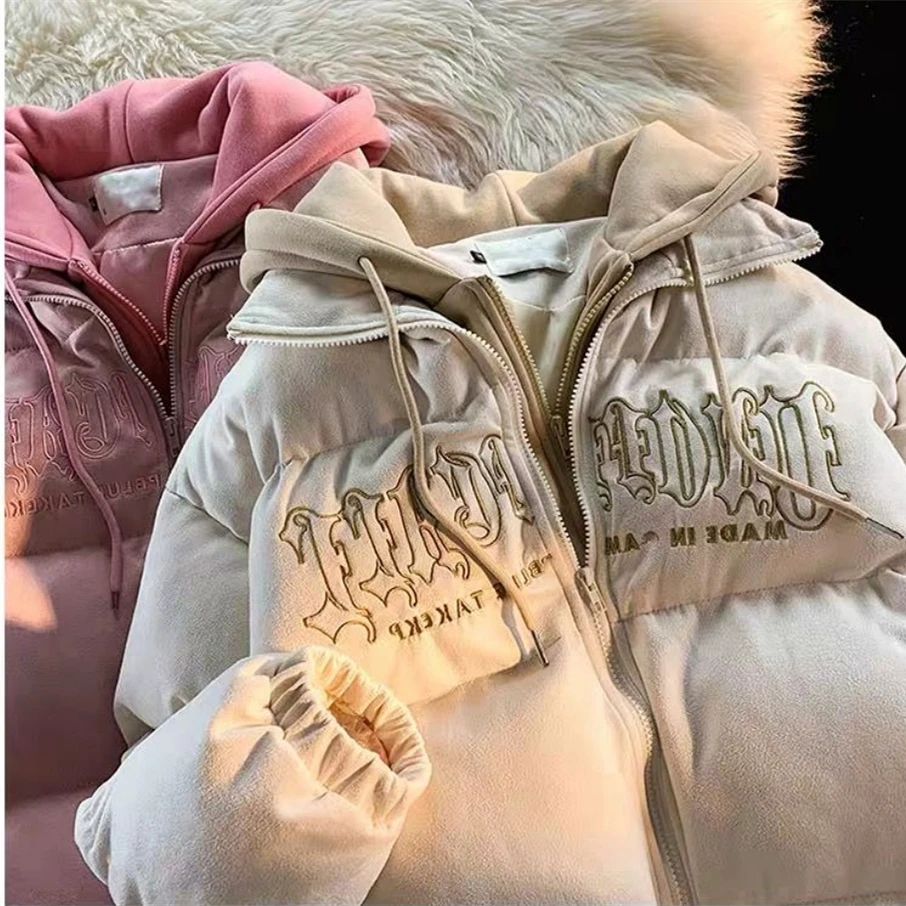 Retro Embroidery Men Women Oversized Jacket Winter Down Cotton Hooded Parkas Coat Hip Hop Loose Overcoat Thicken Warm Outerwear