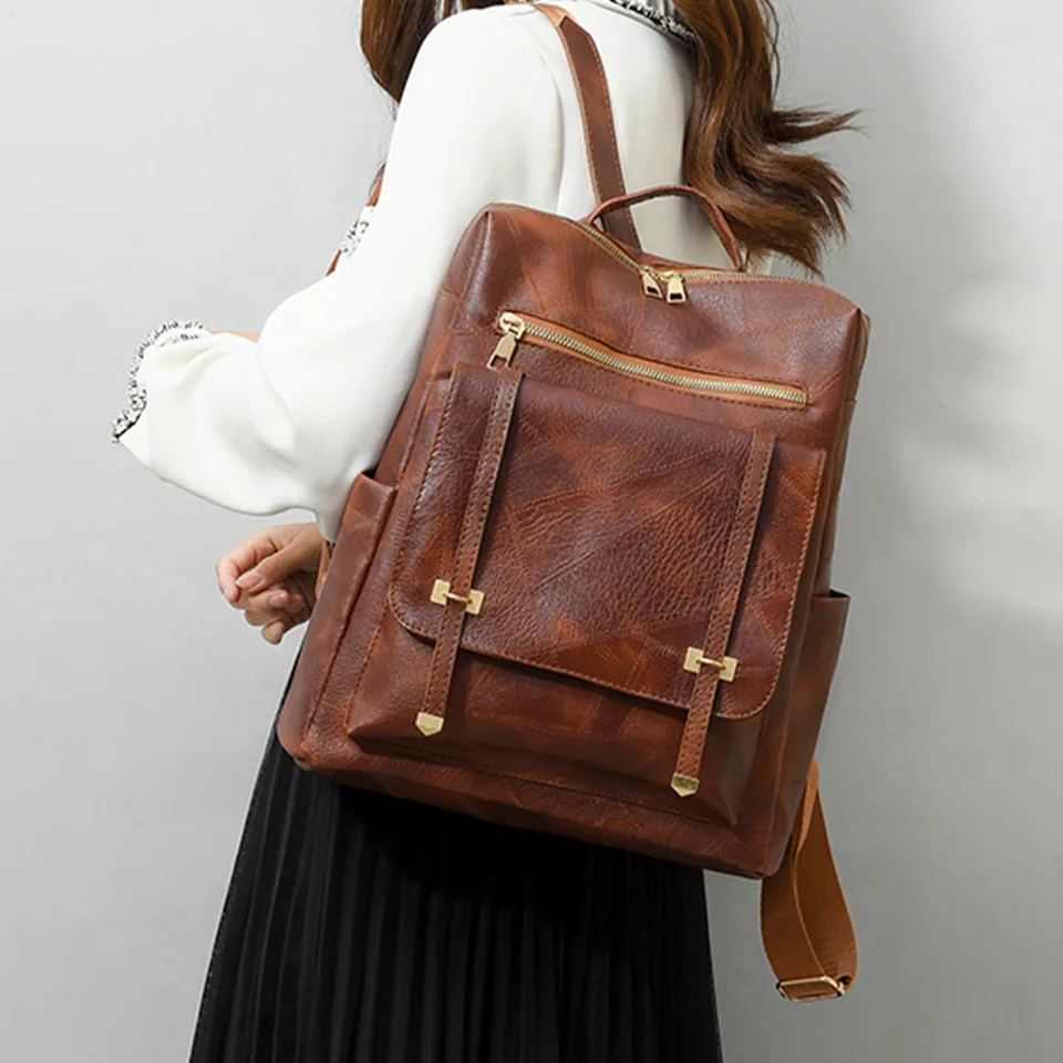 Trendy Women\'s Backpack Vintage Pu Leather Daypack Brown  Casual Travel Bag Retro Student School Bag Sac