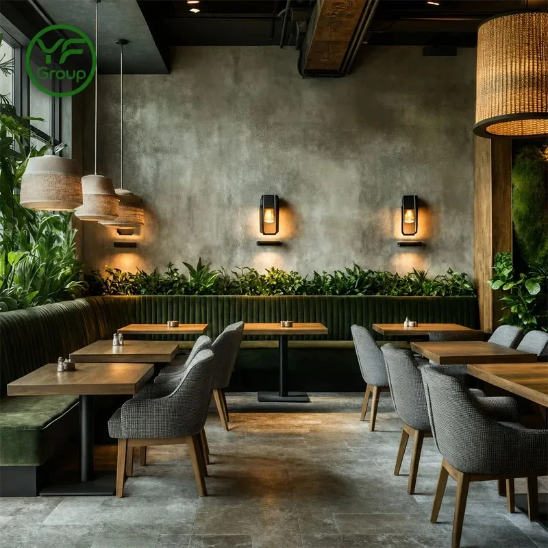 High End Commercial Green Velvet Restaurant Furniture Booth Seating Set with Wood Tables and Chairs for Cafe Bistro