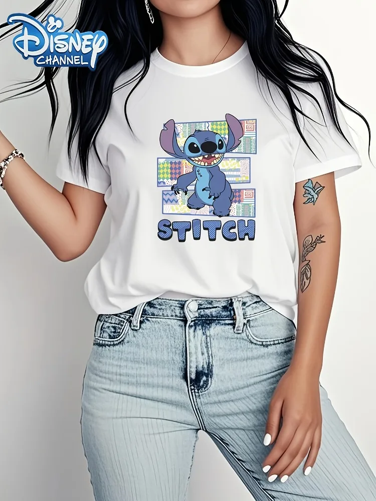 

2025 New Disney Stitch Printed Women's Short-sleeved T-shirt Summer Cartoon Pattern Casual Hip-hop Street Style Harajuku T-shirt