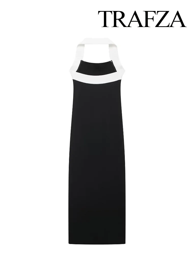 TRAFZA Summer Fashion Women Dresses Black Hanging Neck Collar Sleeveless Backless Decorate Zipper Female Sexy Knit Midi Dress