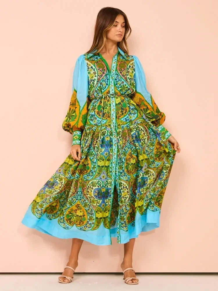 Robe mi-longue vintage à manches lanterne pour femmes, robe imprimée graphique, col rabattu, robe de soirée élégante, vacances décontractées, nouveau, 2024