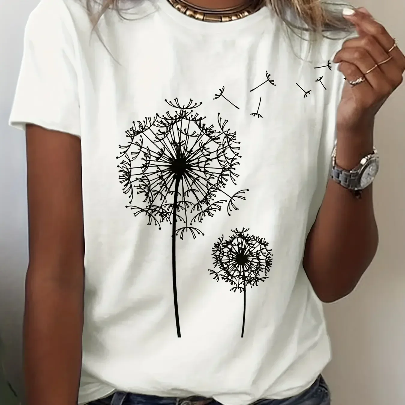 

Black White Butterfly Dandelion Print Crew Neck T-Shirt Casual Short Sleeve Top for Spring & Summer Women's Clothing Y2k Clothes