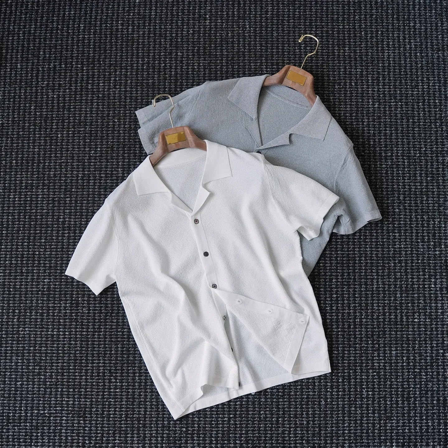 

Summer Ice Silk Solid Color Cuban Neck Knitted Cardigan Men's Casual Elegant Short Sleeve Polo Shirt Top Trend
