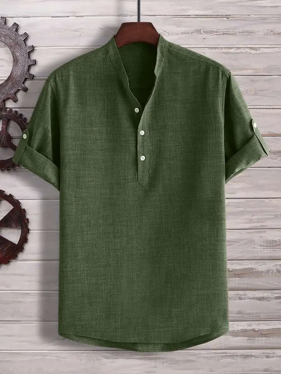 

Men's Olive Green Half-Button Roll-Up Sleeve Casual Shirt