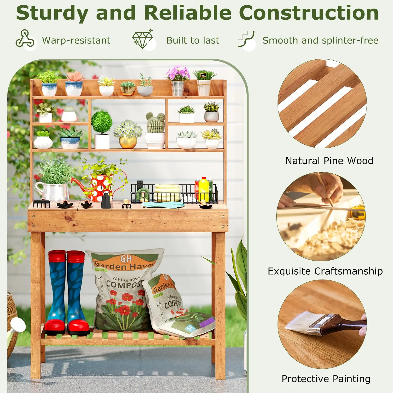 Potting Bench, Outside Solid Wood Potting Table with Flip-up Tabletop, Shelves, Indoor Outdoor Wooden Workbench for