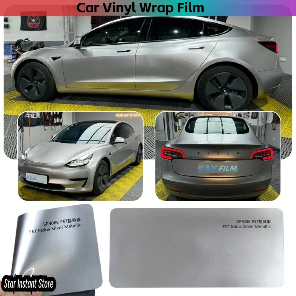 

Glossy Metallic Indus Silver Vinyl Wrap 1.52x17m, PET TPU Cast Material Full Roll, Professional Car Wrap Stickers
