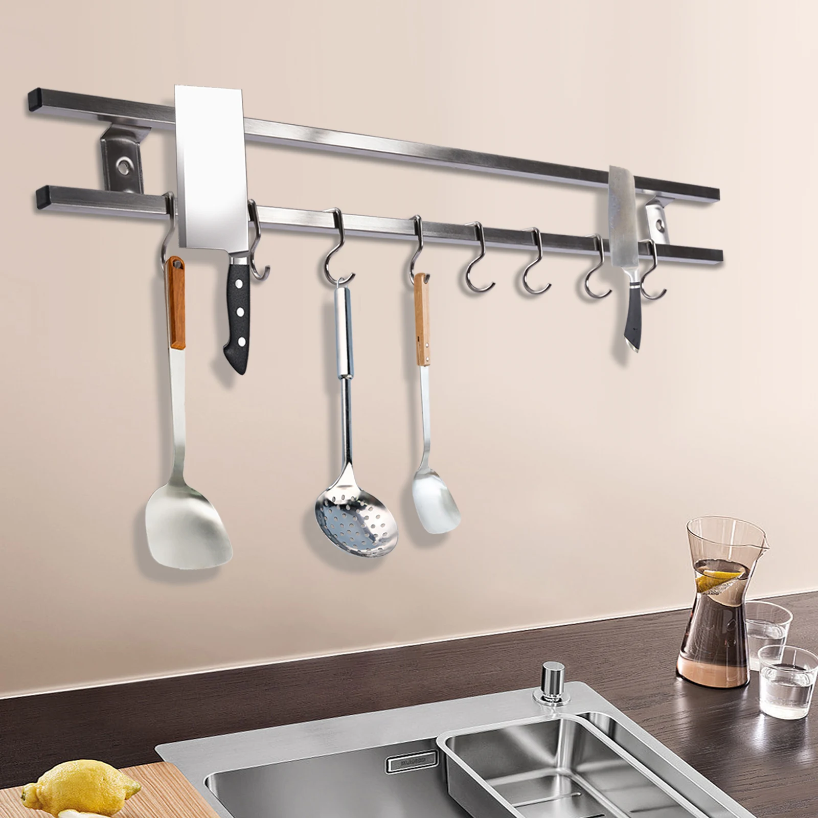 304 Stainless Steel Magnetic Knife Bar Rack Kitchen Utensil Holder 24 Inch Magnetic Knife Holder With 8 Hooks