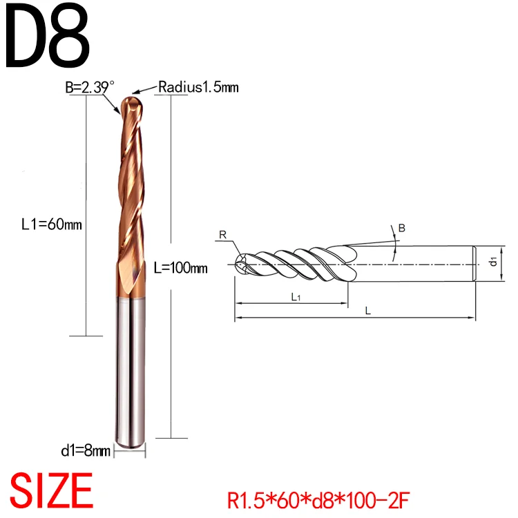 Jerray R1.5*D8mm*100L Solid Carbide Tapered Ball Nose End Mill CNC Milling Cutter Tools