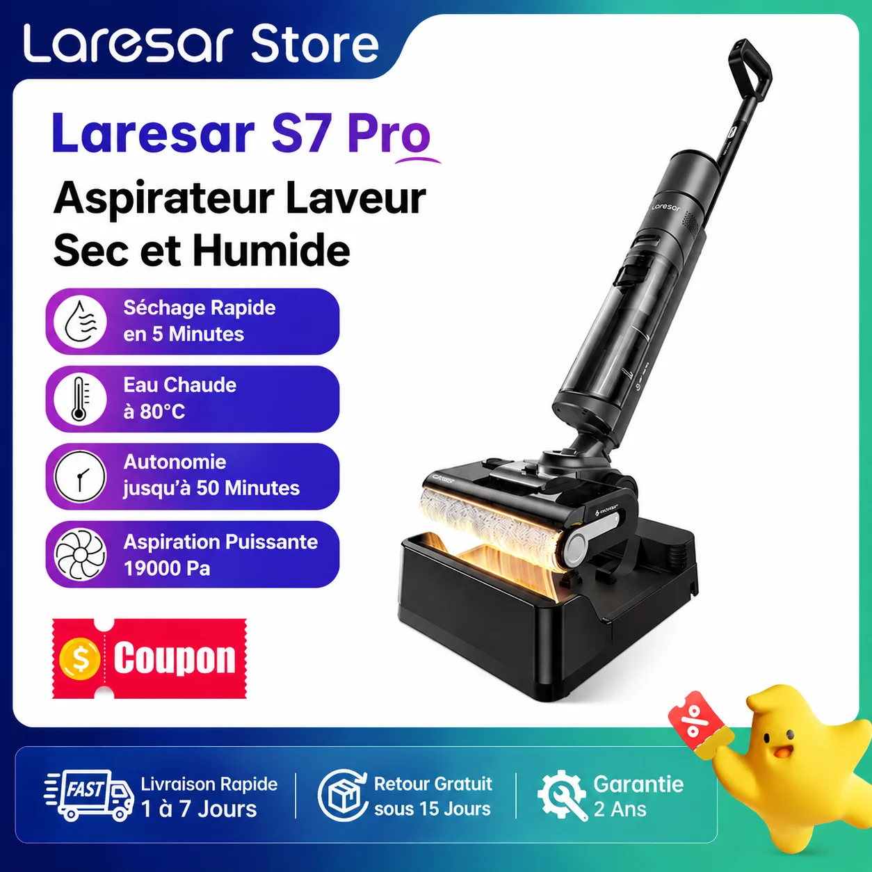 Laresar S7 Pro Kabelloser Nass-Trocken-Staubsauger mit Wischfunktion 19000Pa Heißwasserreinigung 80 ° C Schnelltrocknender Selbstreinigender 50-Minuten-Betriebszeit All-in-One-Bodenwischer