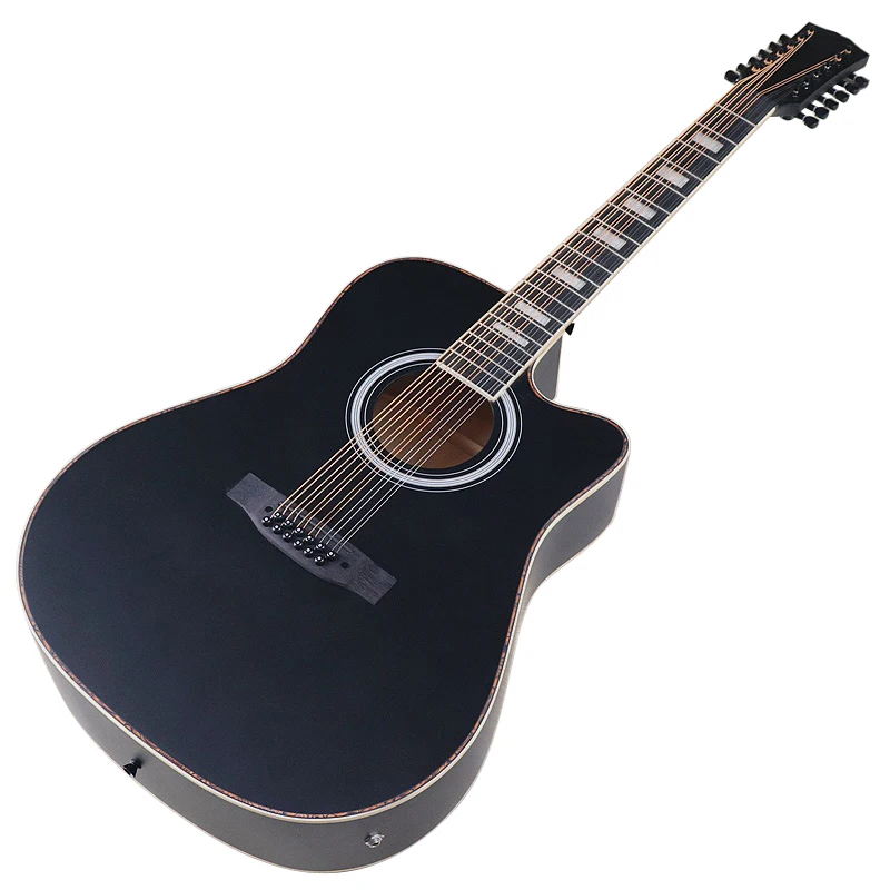 Black Color 12 String Electric Acoustic Guitar Cutaway Design 41 Inch Full Basswood Body Matte Finish Folk Guitar