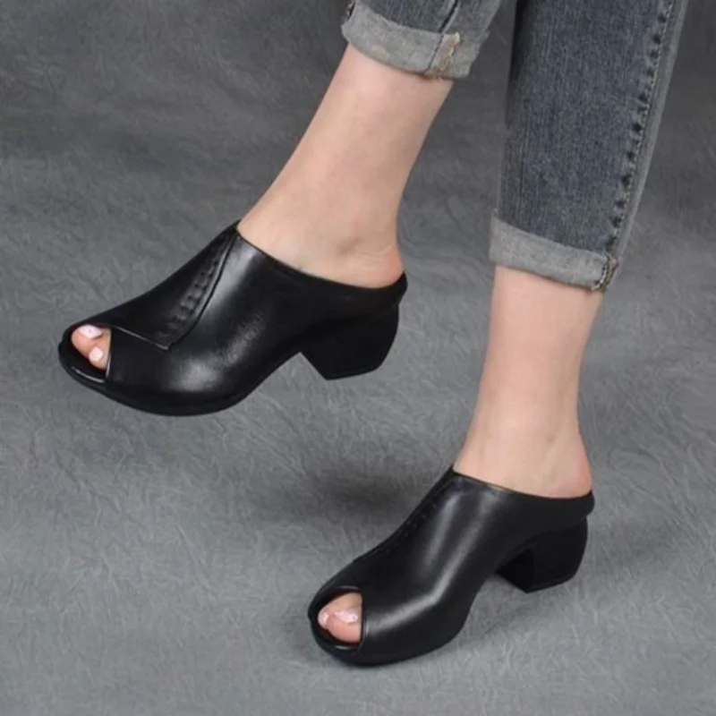 

2025 New Women's Sandals Summer Sexy Peep Toe High Heel Mules Comfortable Versatile Mid-heeled Women Slippers Leather Women Shoe