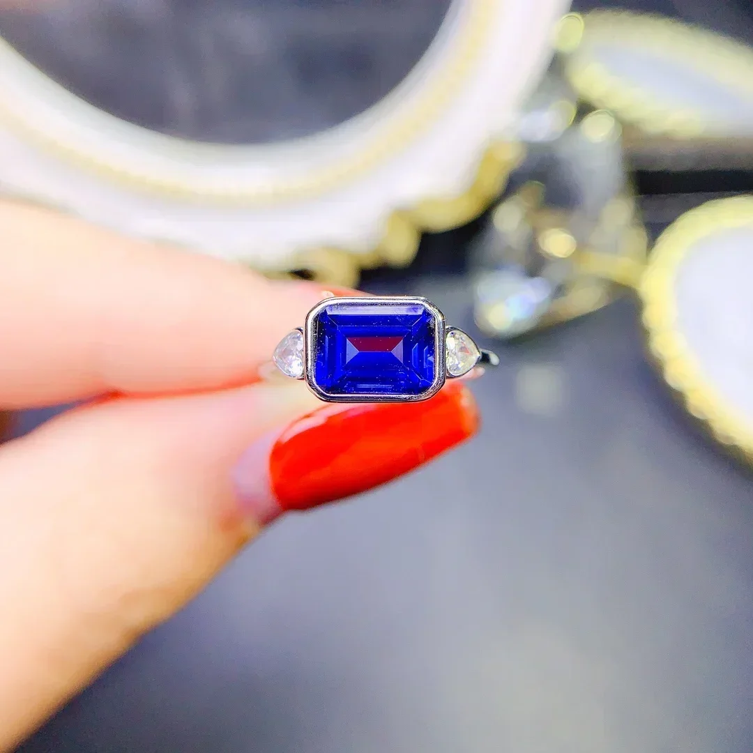 925 Silver Ring 6x8mm Sapphire Ring Stylish Couples Holiday Party Gift for Women Jewelry