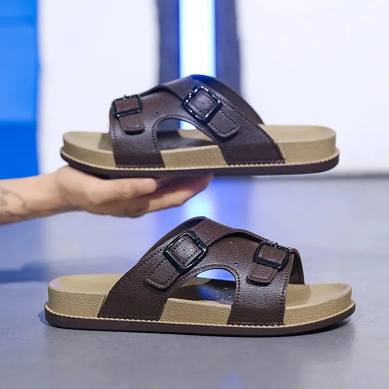 Novos chinelos para homens de alta qualidade chinelo de couro moda casual esporte slides ao ar livre não deslizamento chinelos de praia para homem flip-flops