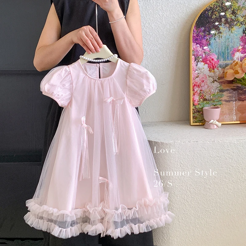 Girls Princess Dress Puff Short Sleeve Bow‑Knot Tulle Ruffle Hem Kids Wedding Birthday Dress Beige Pink Casual Outfits