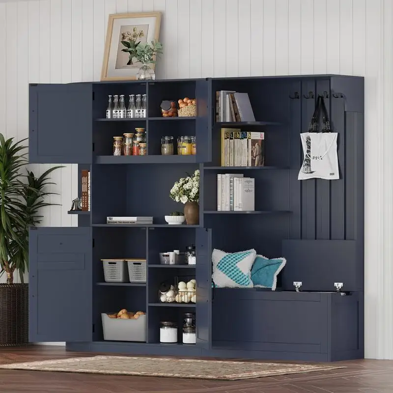 Многофункциональный шкаф для прихожей с местом для хранения вещей и 4 крючками, дерево для прихожей 2 в 1 для гостиной, кухни и прихожей, античный синий цвет
