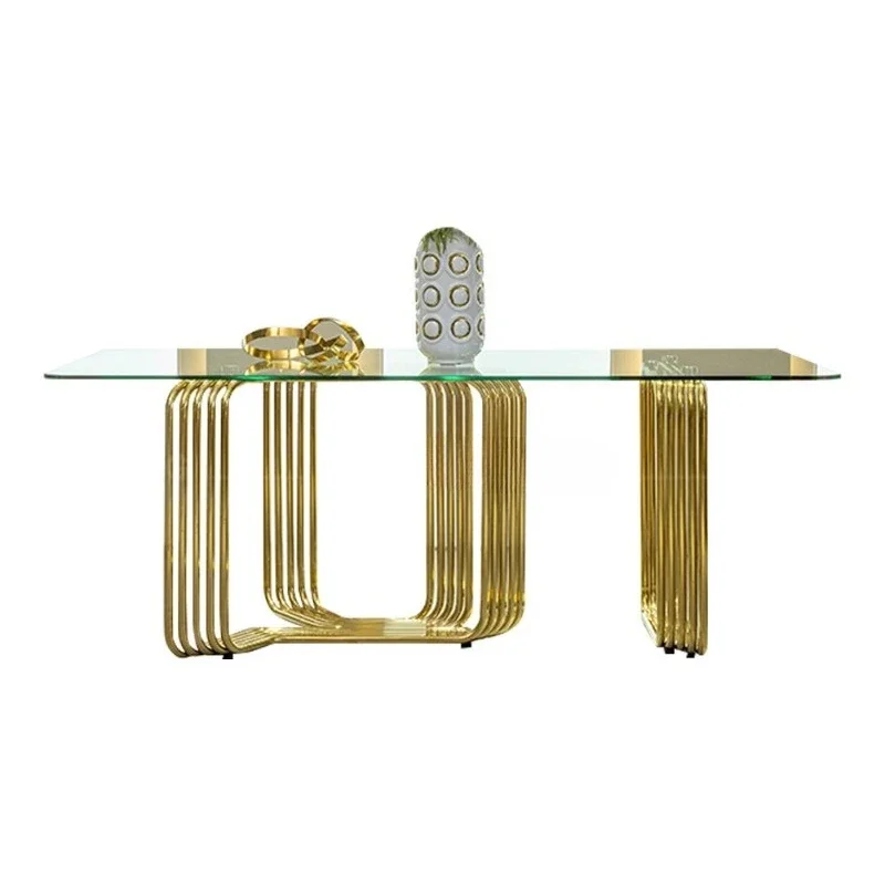 

Light luxury glass dining table Home high-end dining table Stainless steel dining table Chair