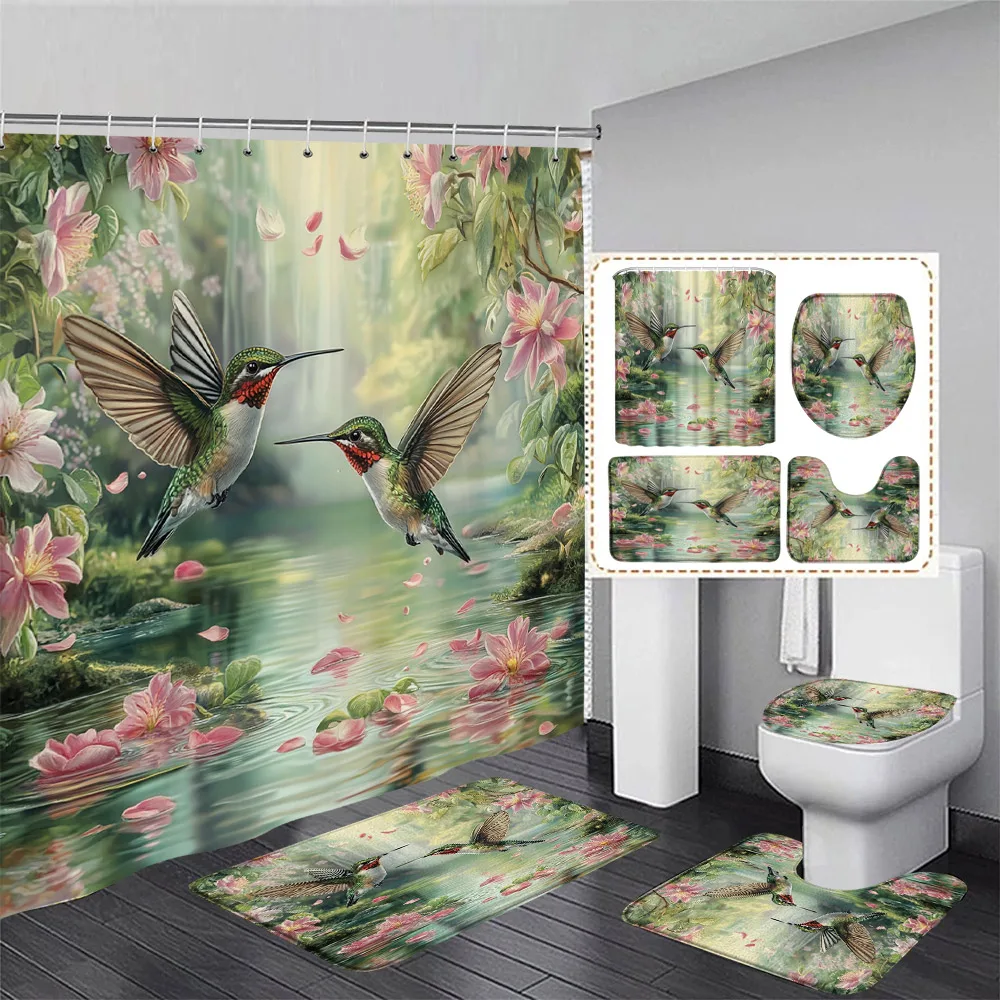 

Набор занавесок для душа «Колибри», природа, розовые цветы, зеленые листья, растение, пейзаж, домашний декор для ванной комнаты, коврики для ванной, крышка унитаза