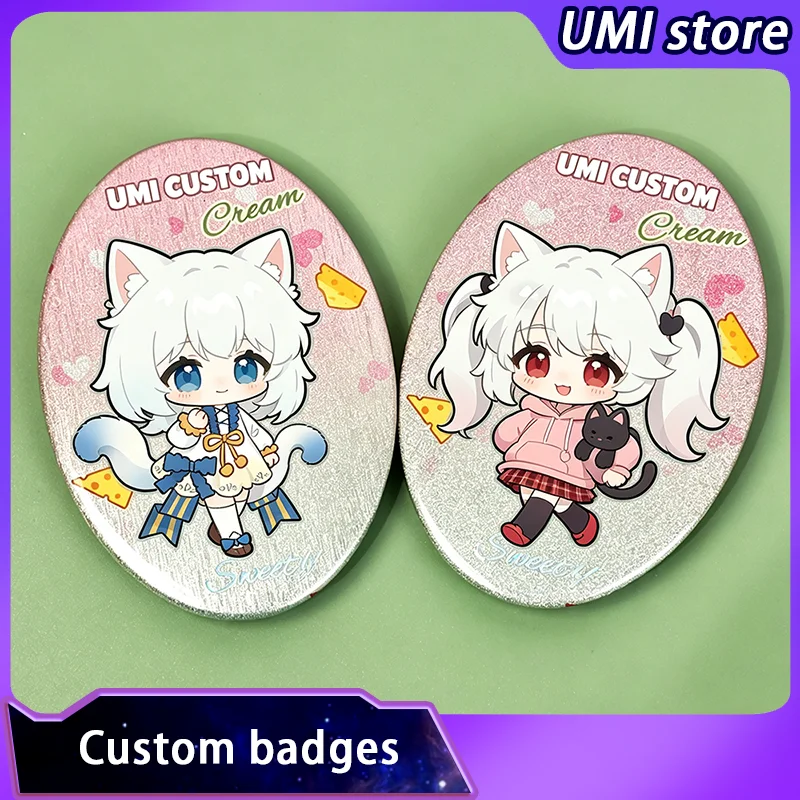 Custom Badges Oval Glitter Button Pins Photo Text Graphic Personalize Metal Tinplate Pins Gifts
