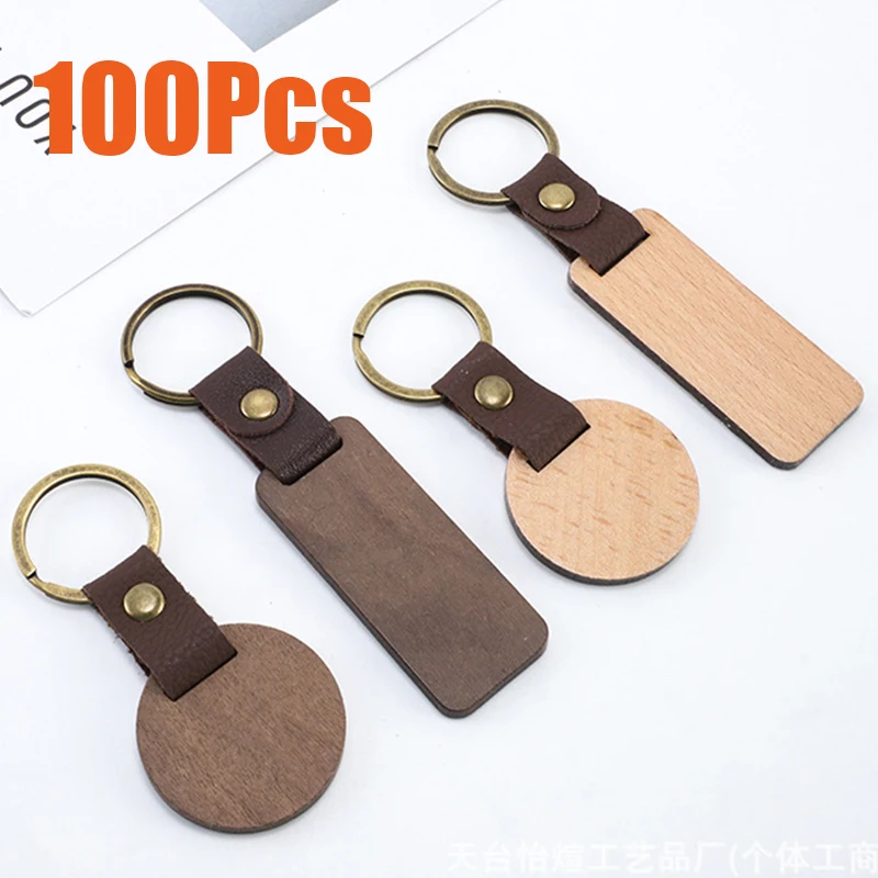 100Pcs Blank Wooden Keychain with PU Leather Strap Unfinished Wood Key Tag for Pets Dog Cat Name ID Holder