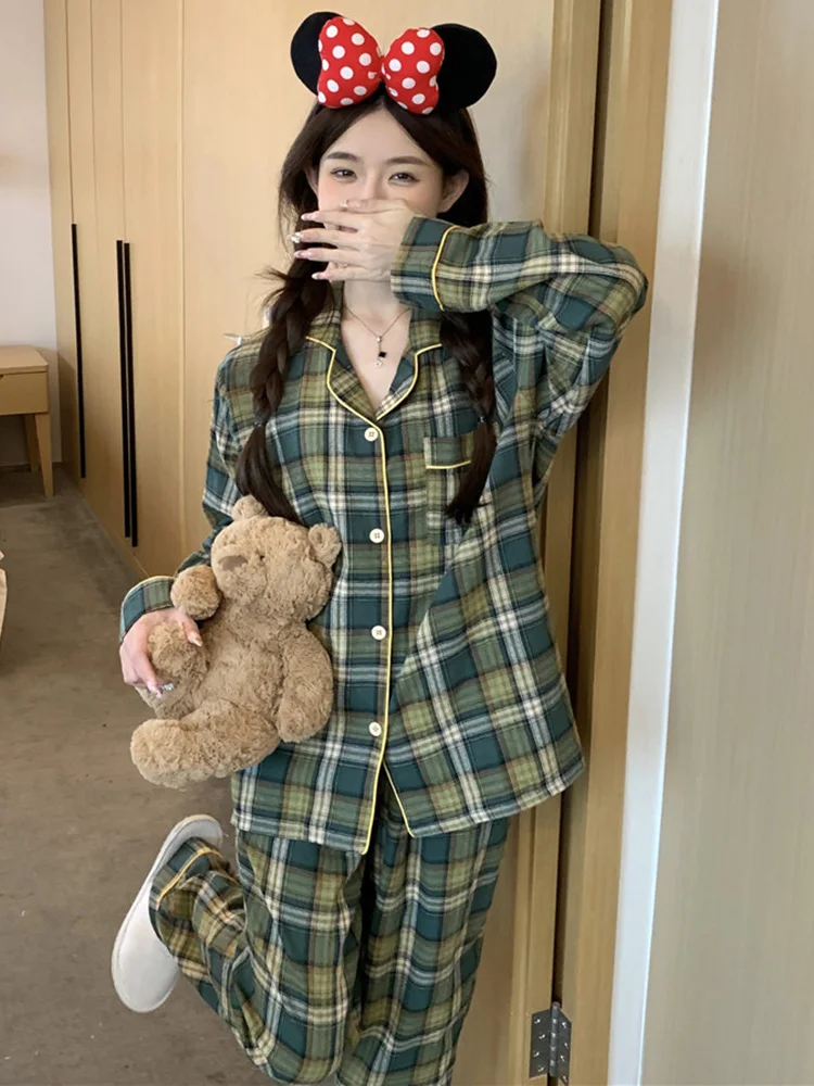 Lover New Home Warm Plaid allentato semplice coreano manica lunga pigiama Set donna coppia Kawaii elegante Casual confortevole pigiameria